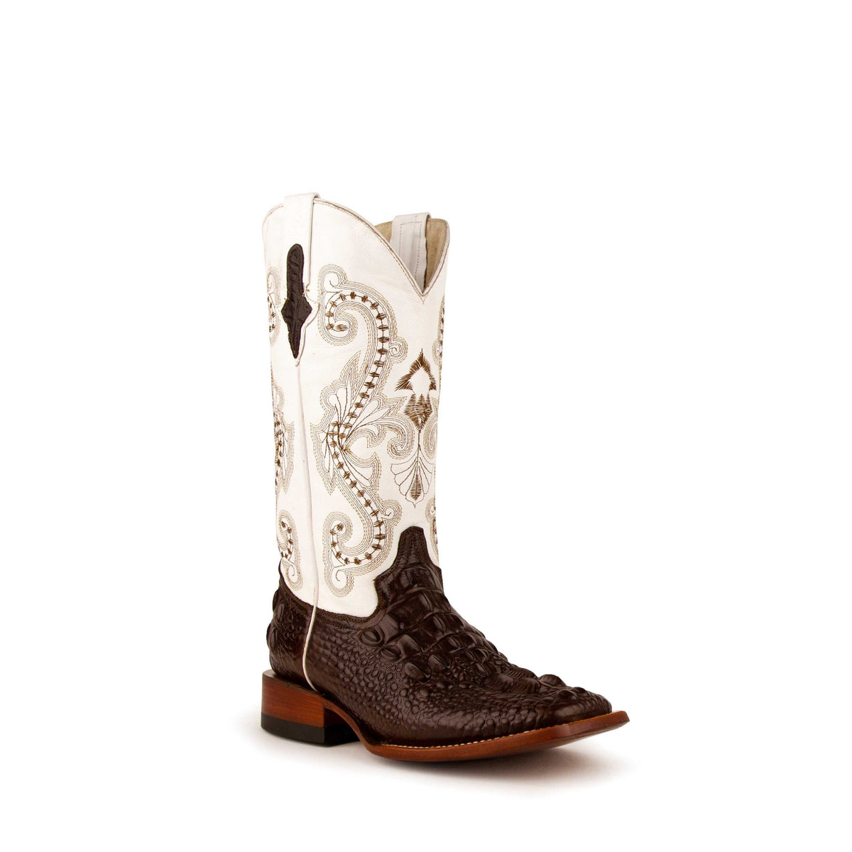 Women's Ferrini Rancher Caiman print chocolate boots handcrafted with leather outsole and square toe