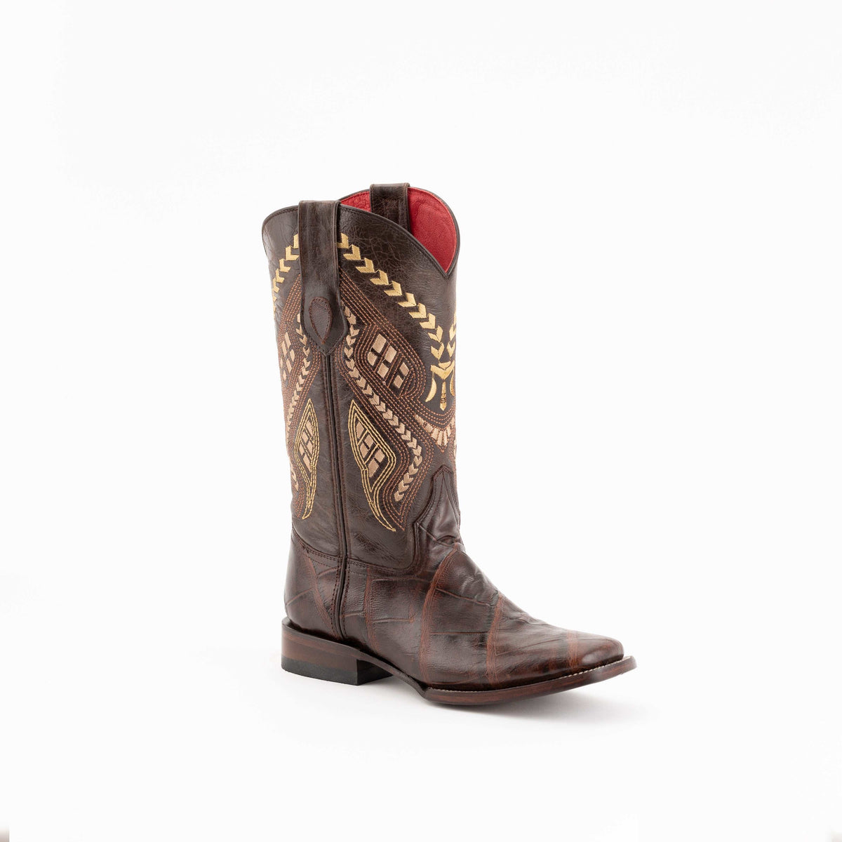 Women's Ferrini Jesse handcrafted chocolate alligator print boots with 1 3/4" block heel and square toe