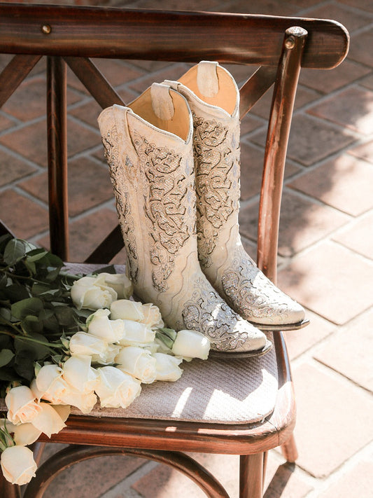 Women's Corral White Genuine Leather Boots with Glitter Inlay & Crystals