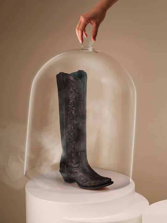 Women's Corral Black Genuine Leather Boots with Bone Floral Embroidery Tall Top