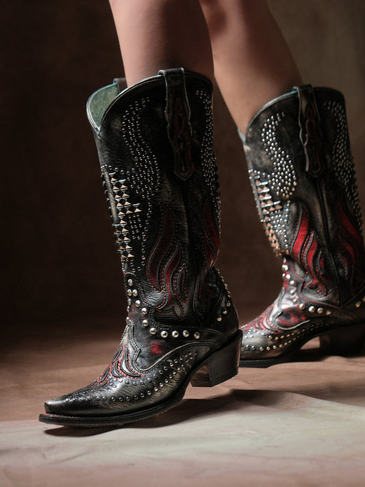 Women's Corral Black Genuine Leather Boots with Bone Overlay & Embroidery & Bull Skull Studs