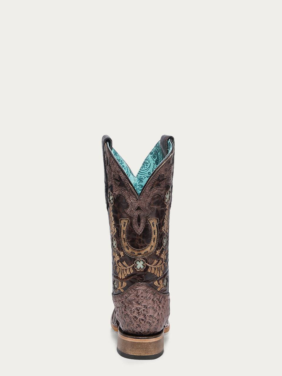 Women's Corral Brown Genuine Full Quill Ostrich Boots with Horseshoe Overlay & Embroidery & Handwoven