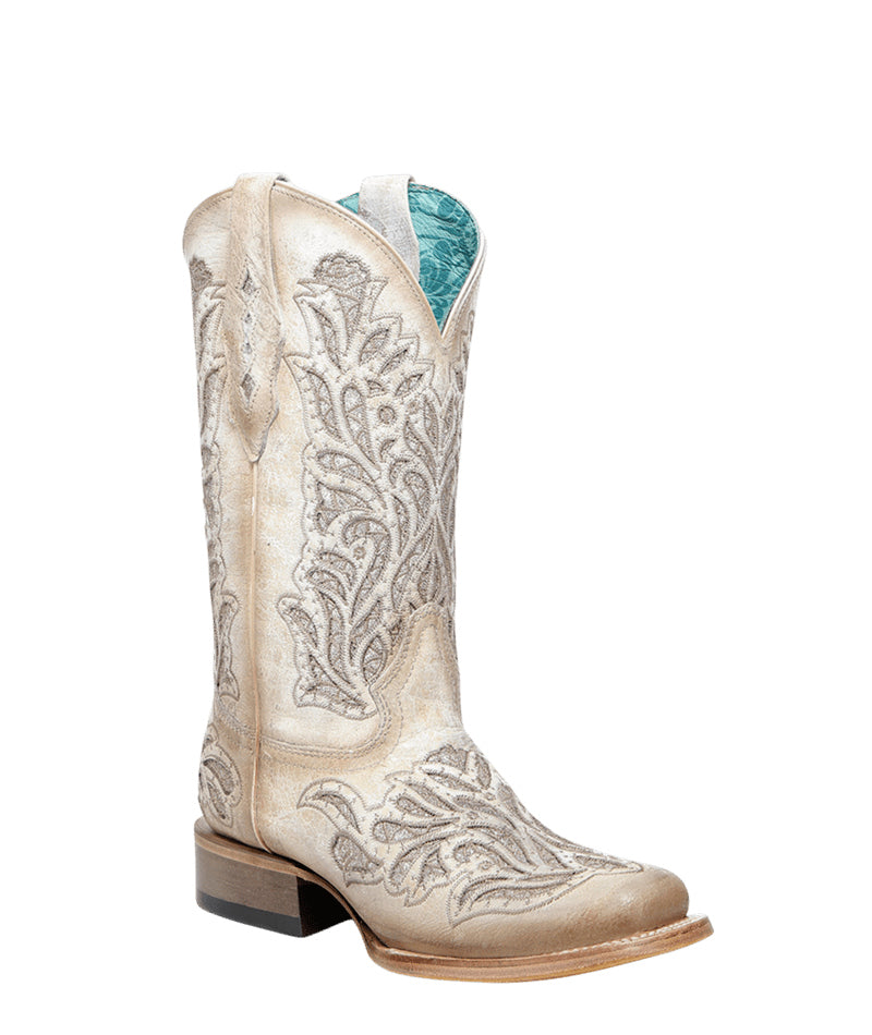 Women's Corral White Genuine Leather Boots with Glitter Inlay & Embroidery