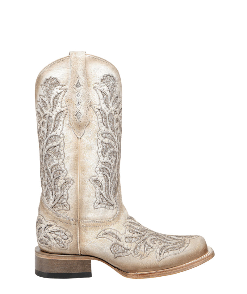 Women's Corral White Genuine Leather Boots with Glitter Inlay & Embroidery