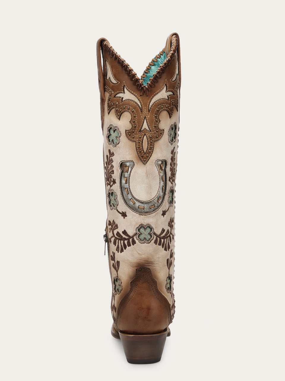 Women's Corral Honey Genuine Leather Boots with Horseshoe Overlay & Embroidery & Studs & Handwoven Tall Top