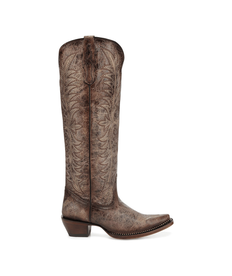 Women's Corral Tobacco Genuine Leather Boots with Embroidery & Metallic Welt Tall Top