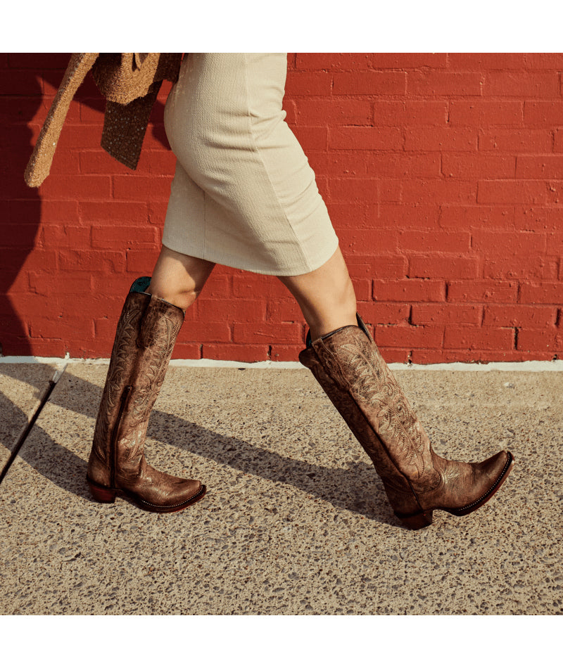 Women's Corral Tobacco Genuine Leather Boots with Embroidery & Metallic Welt Tall Top