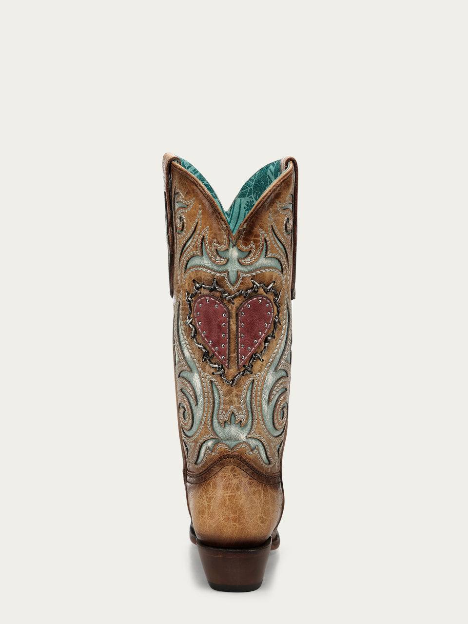 Women's Corral Sand Genuine Leather Boots with Heart Inlay & Embroidery & Studs & Berbed Wire Woven