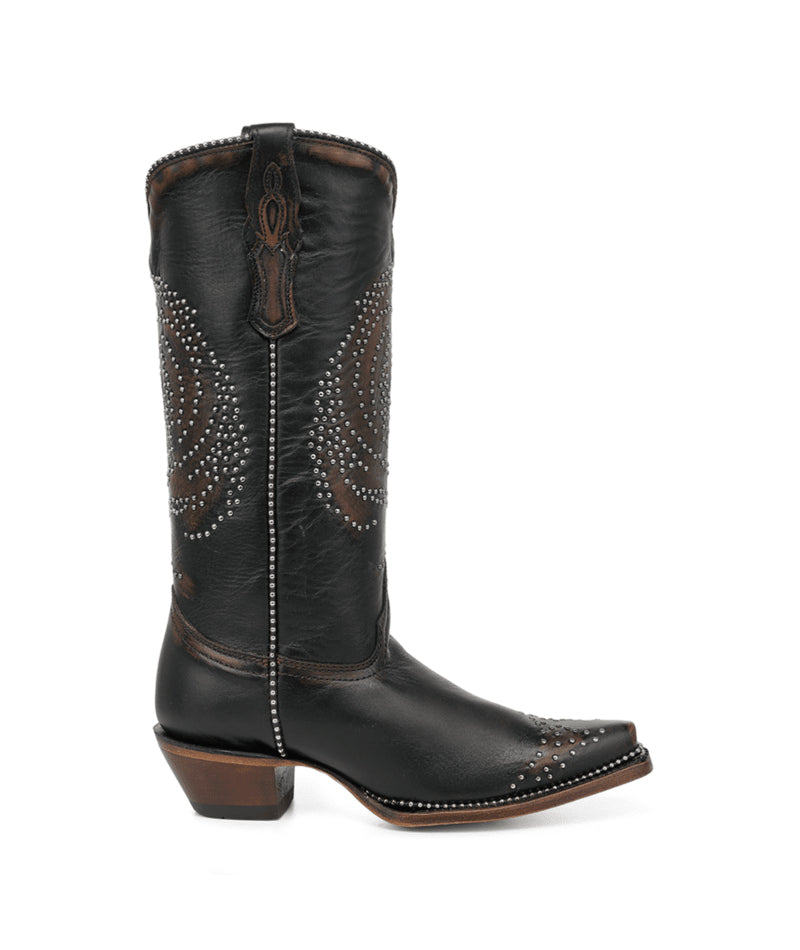 Women's Corral Black Genuine Leather Boots with Honey Horse Desing Studs & Metallic Welt