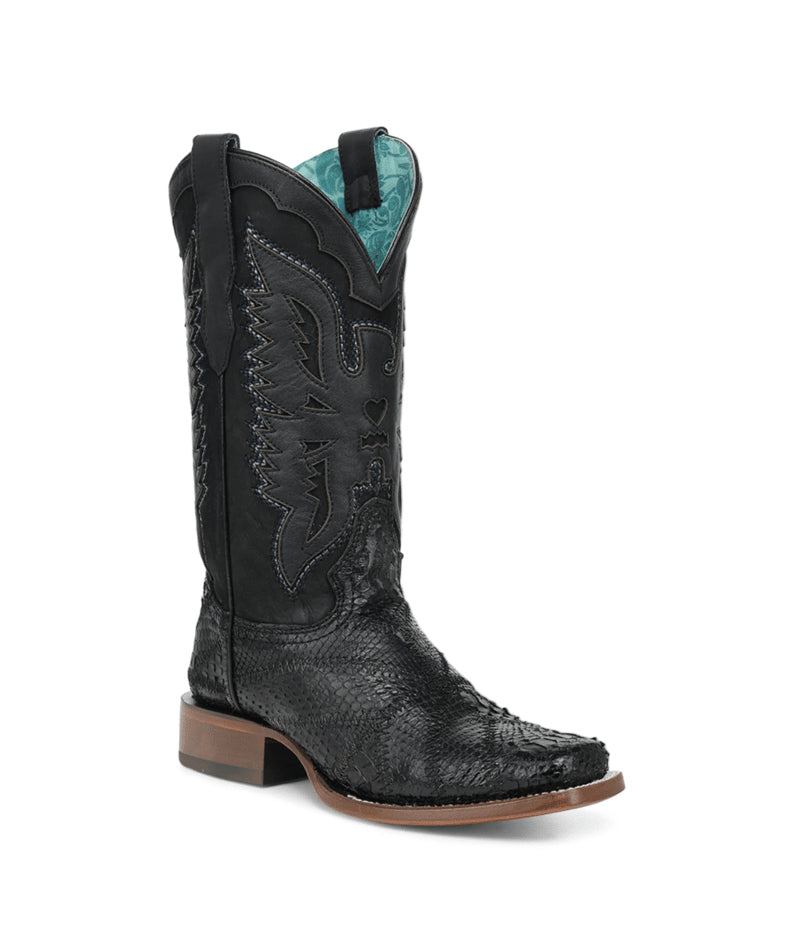 Women's Corral Black Genuine Python Boots with Patchwork & Eagle Overlay