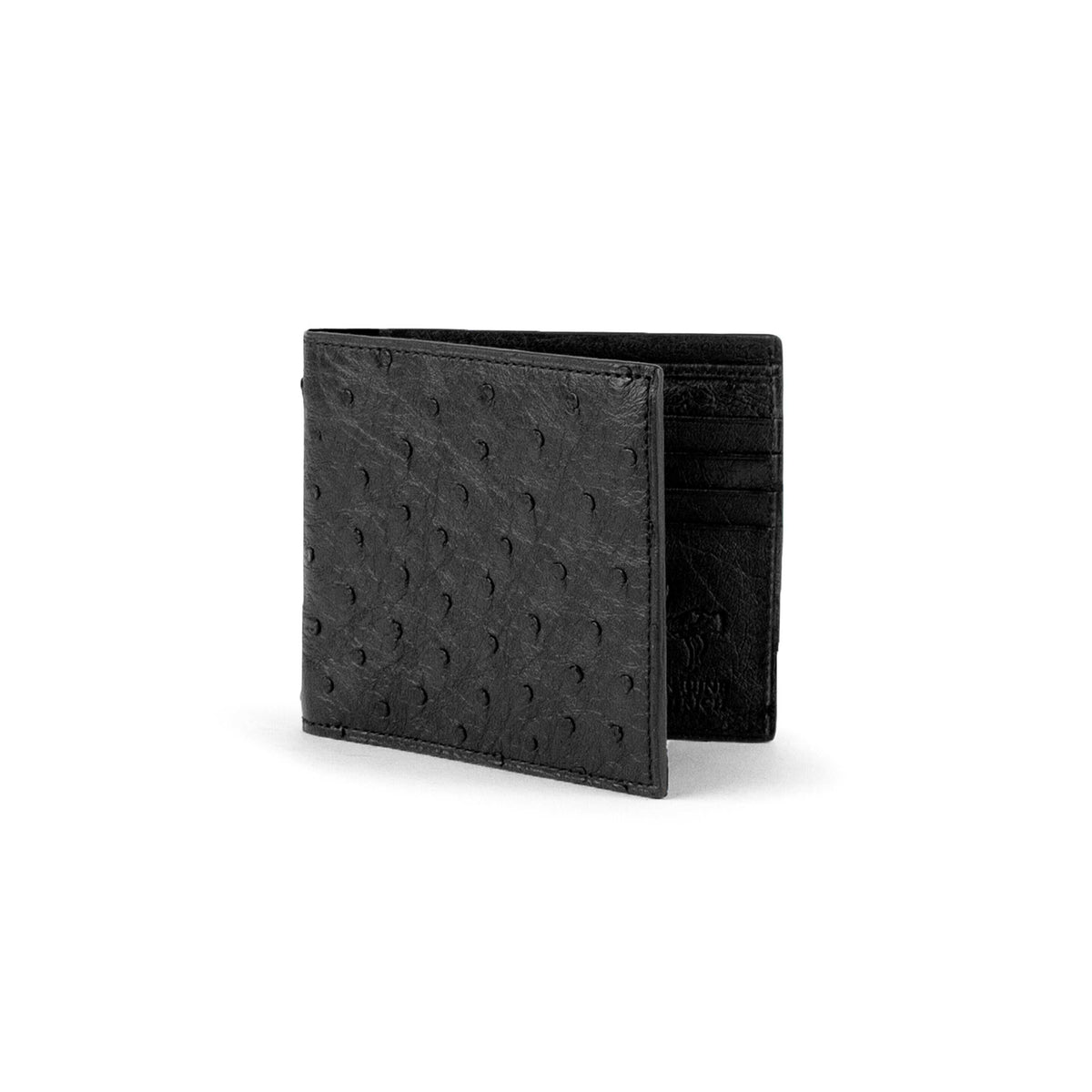 Black Ferrini Full Quill Ostrich leather billfold wallet with multiple card slots and ID window