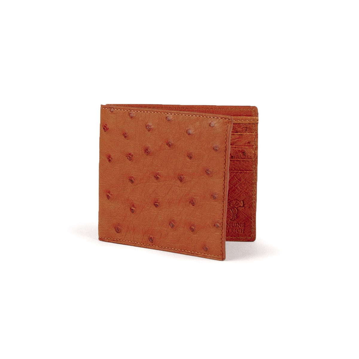 Ferrini Full Quill Ostrich Cognac billfold wallet with multicard slots and ID window