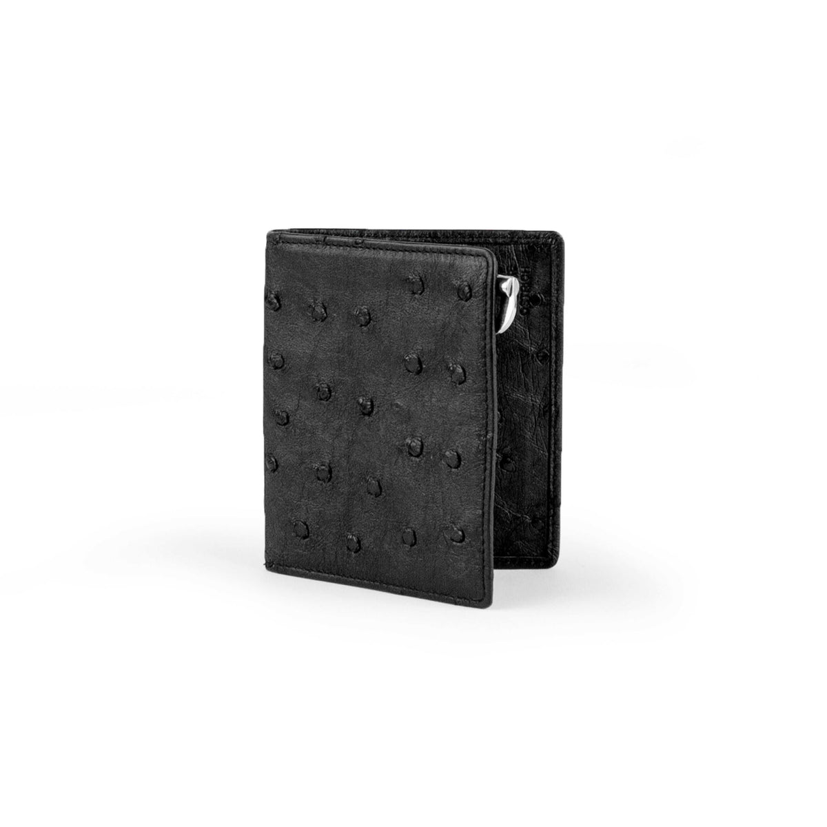 Black Ferrini full quill ostrich skin money clip with quilled texture and compact design
