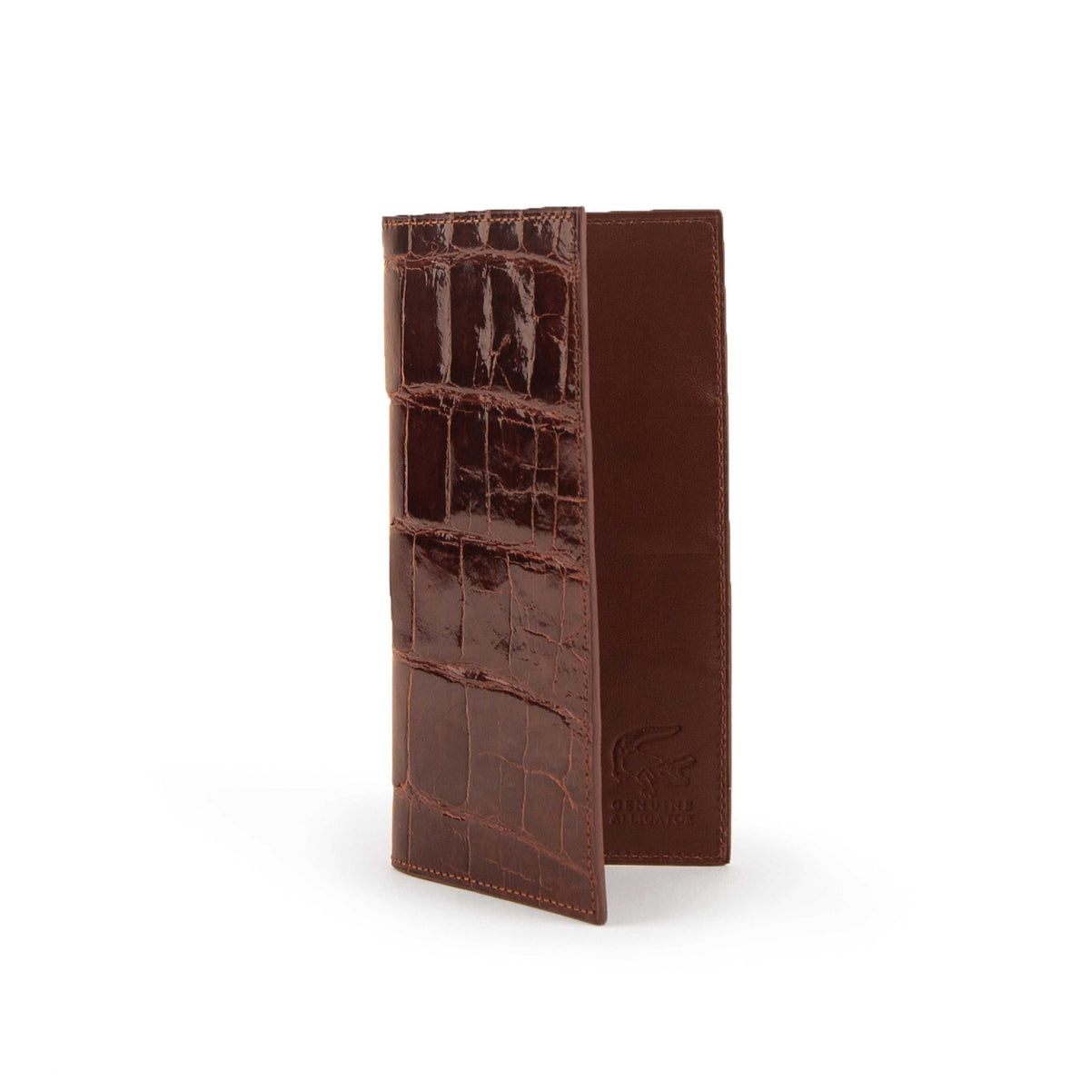 Ferrini Alligator Checkbook Cover in cognac leather with multiple card slots and elegant design