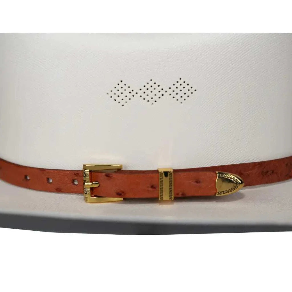 Handmade ostrich cowboy hat band with cognac gold plated 3-piece buckle set on leather lining