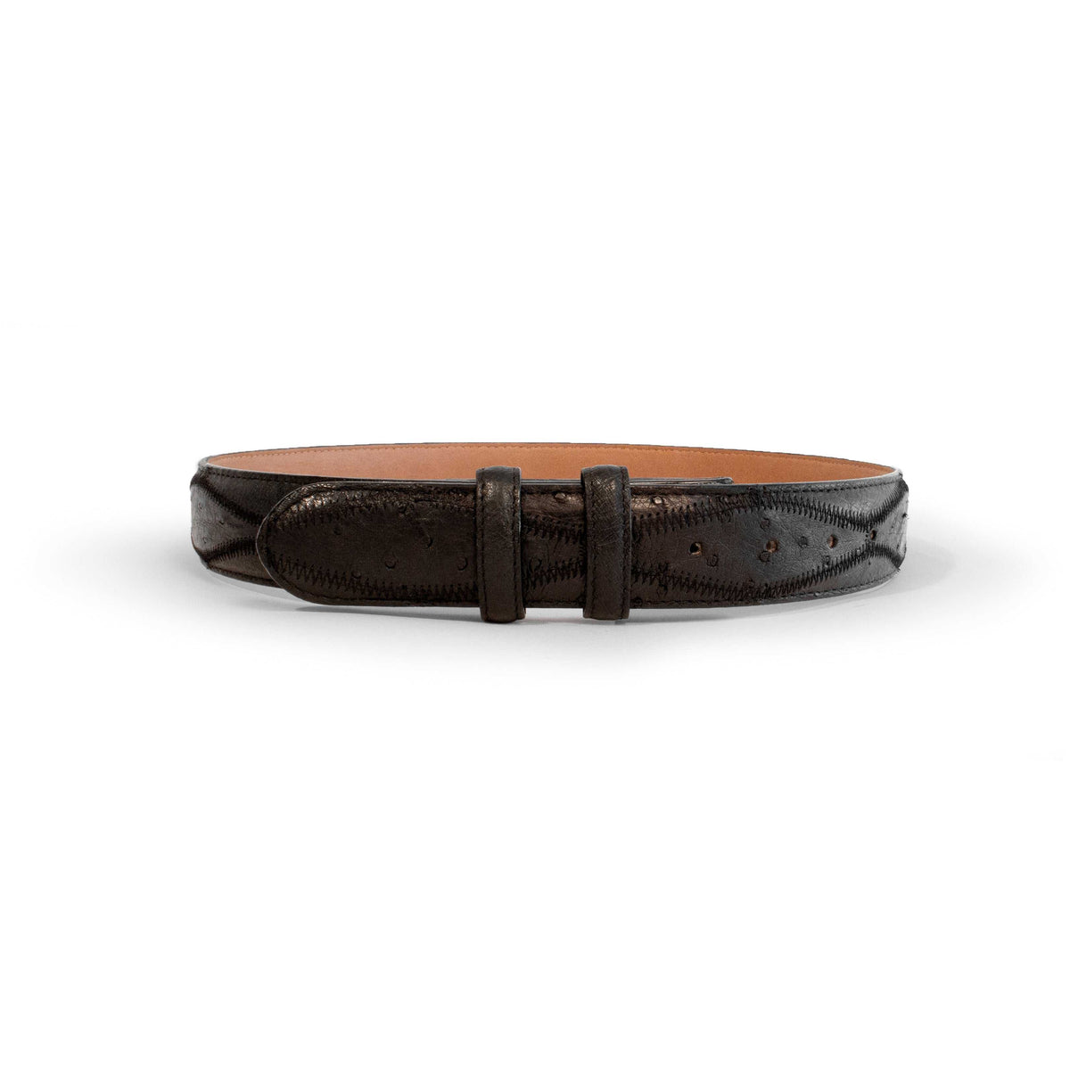 Handmade Ferrini Cowboy Patchwork Ostrich Belt in black full quill ostrich skin