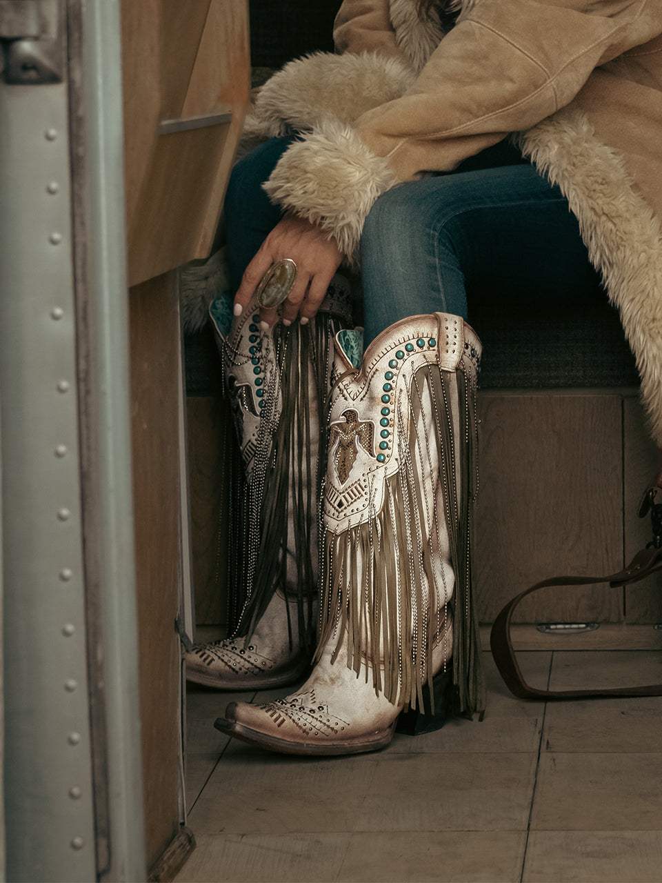 Women's Corral Beige Genuine Leather Boots with Embroidery & Crystals Eagle & Lamb Fringes
