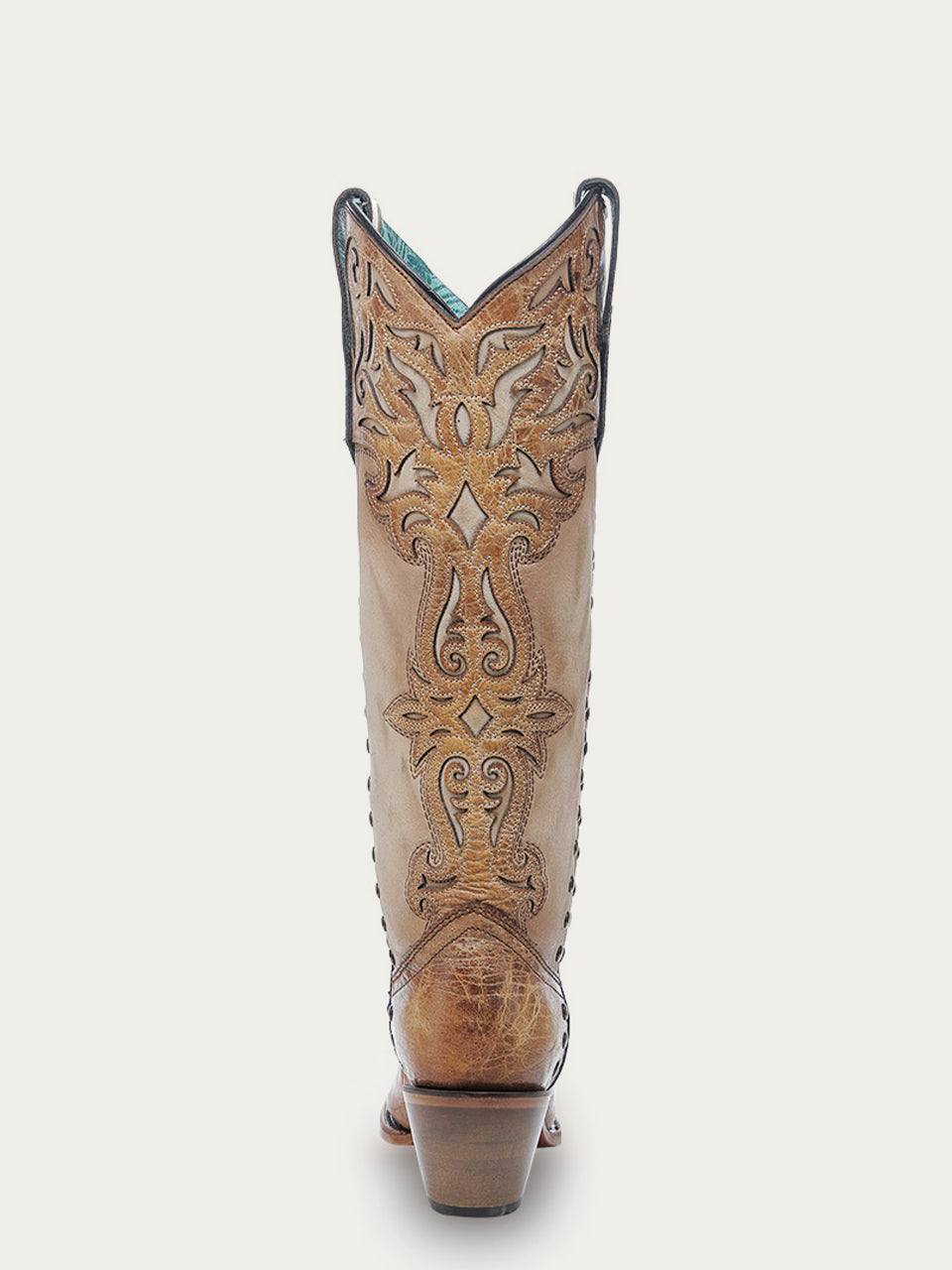 Women's Corral Honey Genuine Leather Boots with Bone Overlay & Embroidery & Studs Tall Top