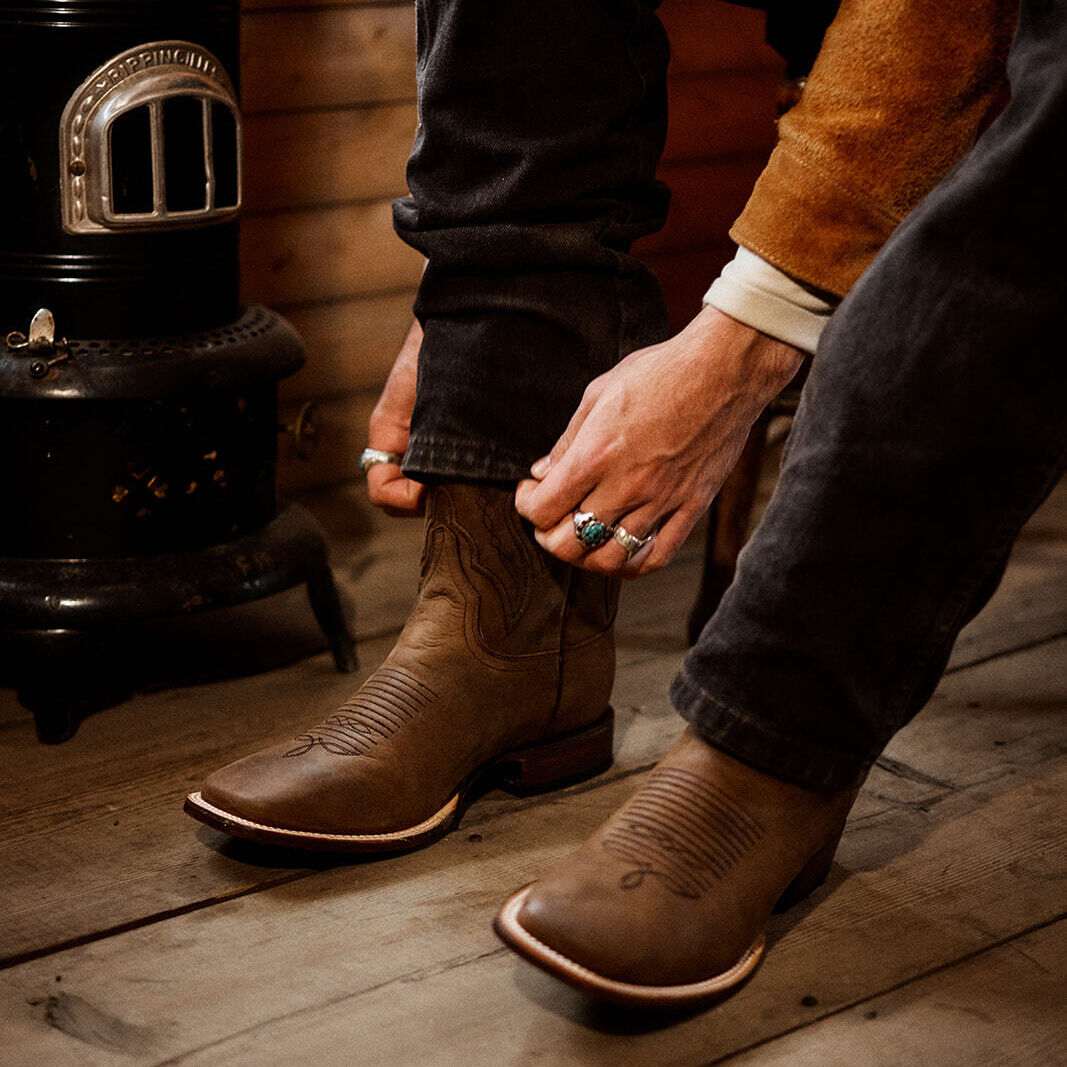 Botas de cuero Stetson Bowie para hombre, hechas a mano, con punta cuadrada, color marrón