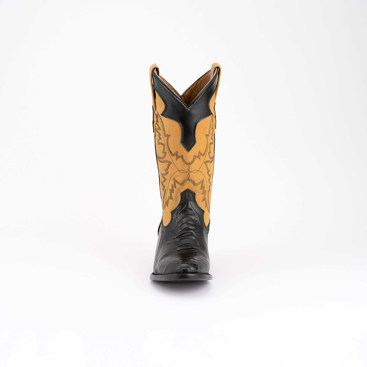 Men's Ferrini Nash Ostrich Leg Boots in black and tan leather, with stitched shaft detailing, ostrich leg vamp and round toe