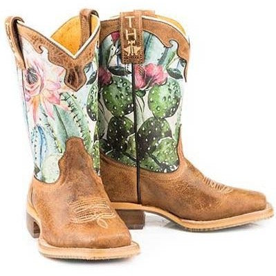 Kid's Tin Haul Cactilicious Boots With Raised To Be Sharp Sole Handcrafted Tan - yeehawcowboy