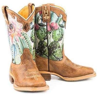 Kid's Tin Haul Cactilicious Boots With Raised To Be Sharp Sole Handcrafted Tan - yeehawcowboy