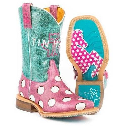 Pink Kid's Tin Haul Little Miss Dotty Boots with horse sole and leather shaft
