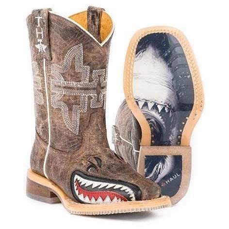Kids Tin Haul Toastin A Gnarly Shark Boots brown leather handcrafted square toe with Man Eater sole