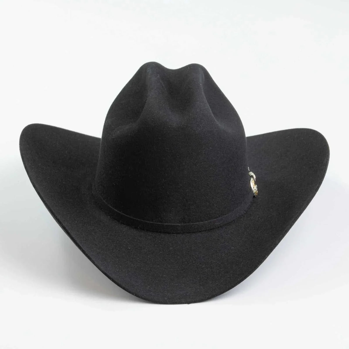 6x Larry Mahan real fur felt black cowboy hat with leather sweatband and ruby buckle accents