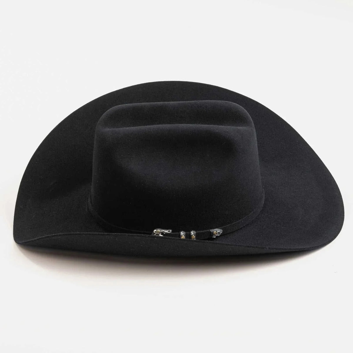 Black 10x Larry Mahan Jerarca fur felt cowboy hat with cattleman crease and decorative buckle