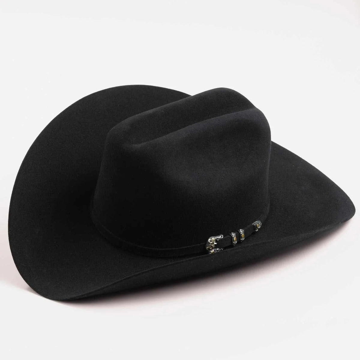Black 10x Larry Mahan Jerarca fur felt cowboy hat with cattleman crease and decorative buckle