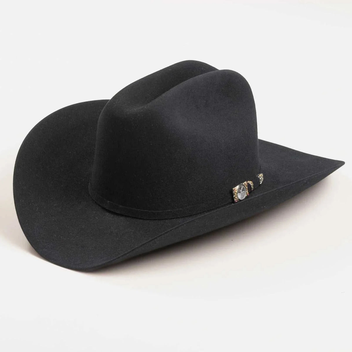 Black 100x Larry Mahan Independencia fur felt cowboy hat with cattleman crease and gold buckle details
