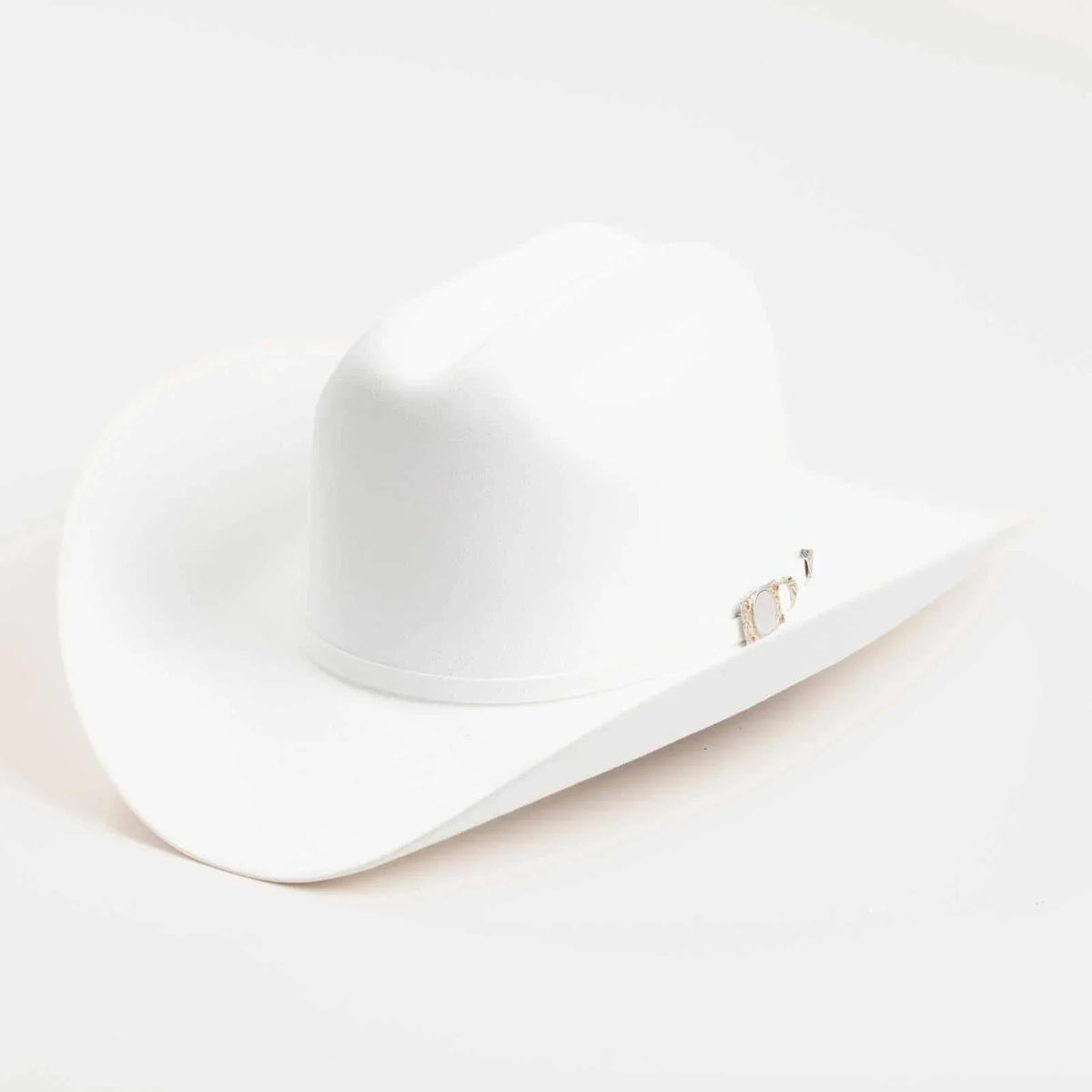 100x Larry Mahan Independencia white fur felt cowboy hat with cattleman crease and gold silver buckle