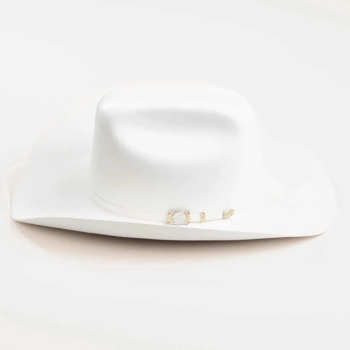 White 100x Larry Mahan Independencia fur felt cowboy hat with cattleman crease and gold buckle set