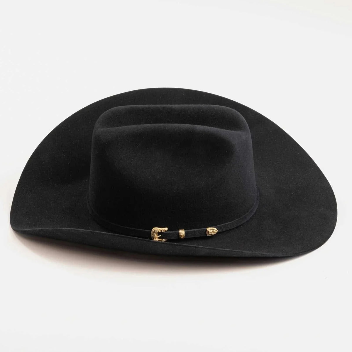 Black 30X Larry Mahan Opulento fur felt cowboy hat with 4.5" crown and 4" brim, cattleman crease, crystal gold buckle band, and leather sweatband