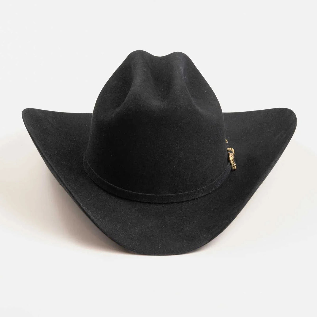 Black 30x Larry Mahan Opulento Fur Felt Cowboy Hat with 4.5" crown and 4" brim, cattleman crease, and gold buckle band
