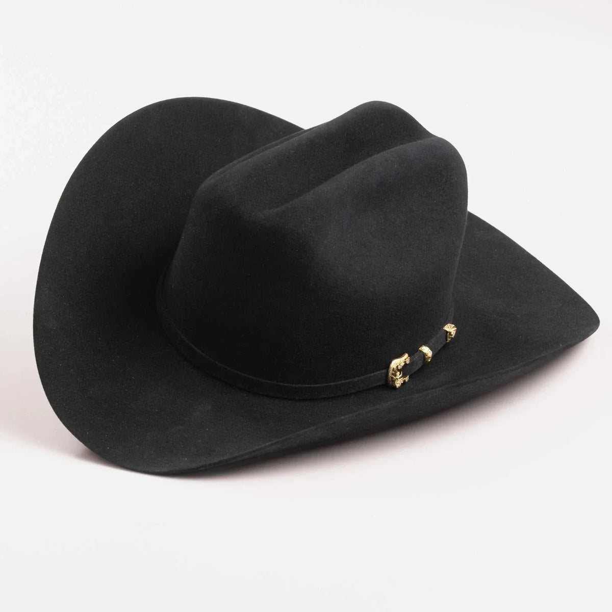 Black 30X Larry Mahan Opulento fur felt cowboy hat with cattleman crease and gold buckle band
