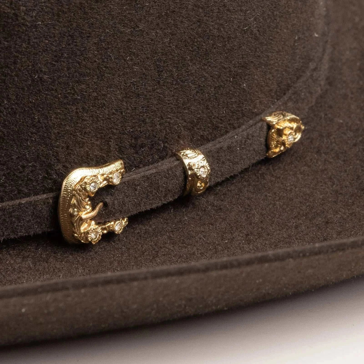 30x Larry Mahan Opulento Fur Felt Cowboy Hat Chocolate 30X beaver felt with cattleman crease and gold buckle band