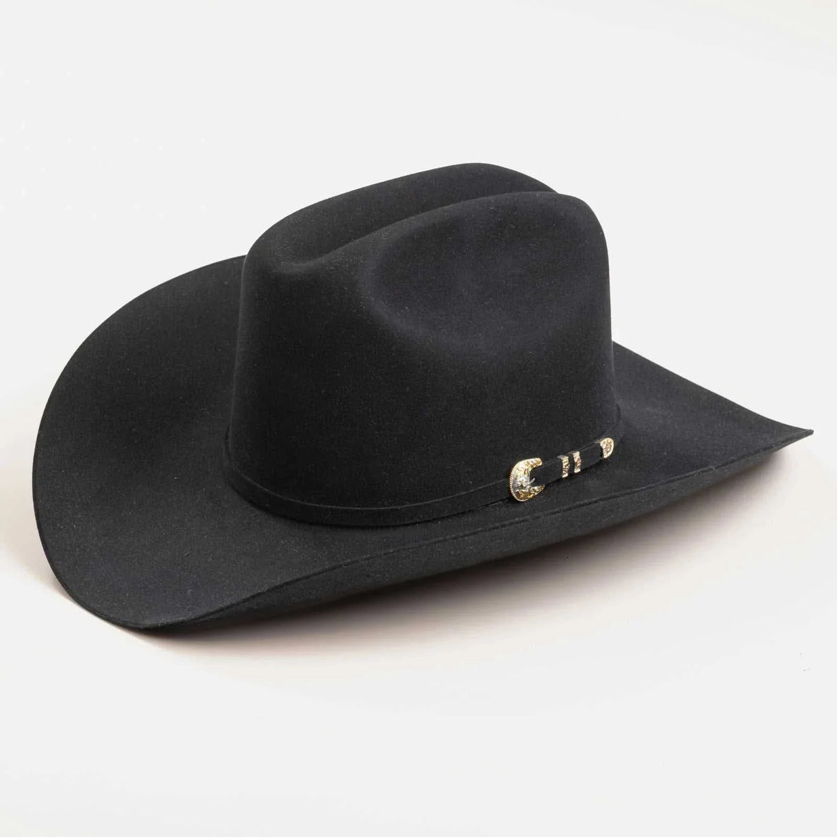 500x Larry Mahan Superior Black Fur Felt Cowboy Hat with cattleman crease and gold buckle band
