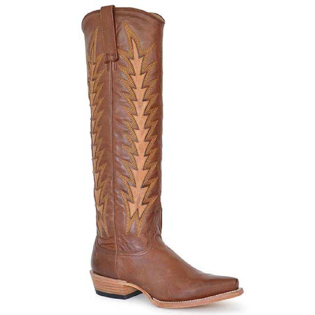 Women's Stetson Johnnie handcrafted brown leather cowboy boots with vintage flame underlay and stacked heel