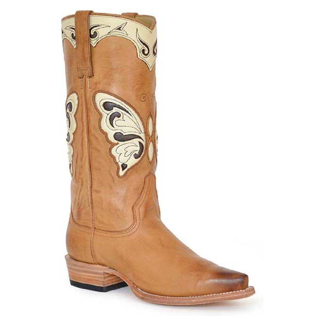 Women's Stetson Mariposa Boots tan handcrafted leather with butterfly inlay and stacked heel