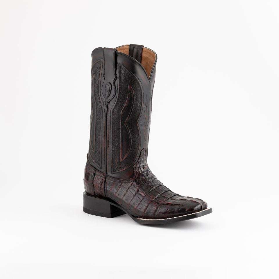 Men's Ferrini Dakota Caiman Hornback Boots in Black Cherry with crocodile vamp and square toe