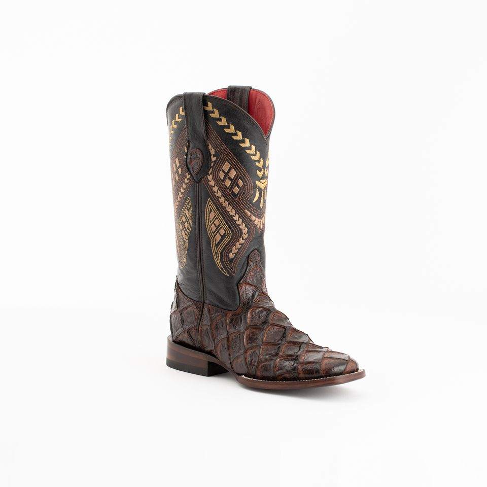 Women's Ferrini Bronco Pirarucu print chocolate leather boots with 1.5" block heel and square toe