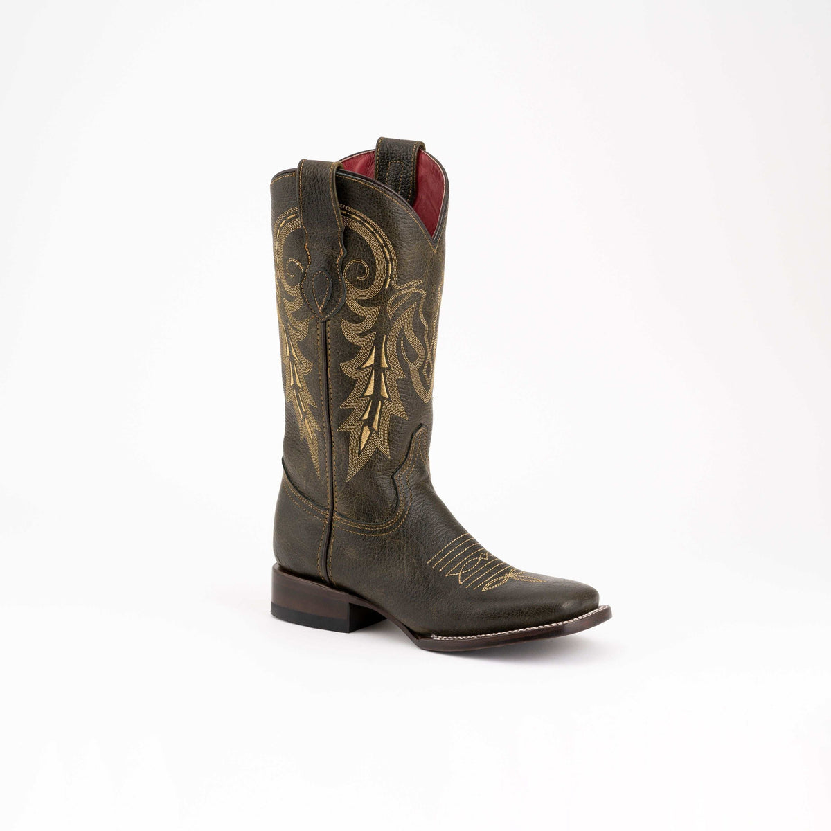 Women's Ferrini Blaze Moss leather boots with 1 1/4" block heel and square toe, handcrafted full grain leather design