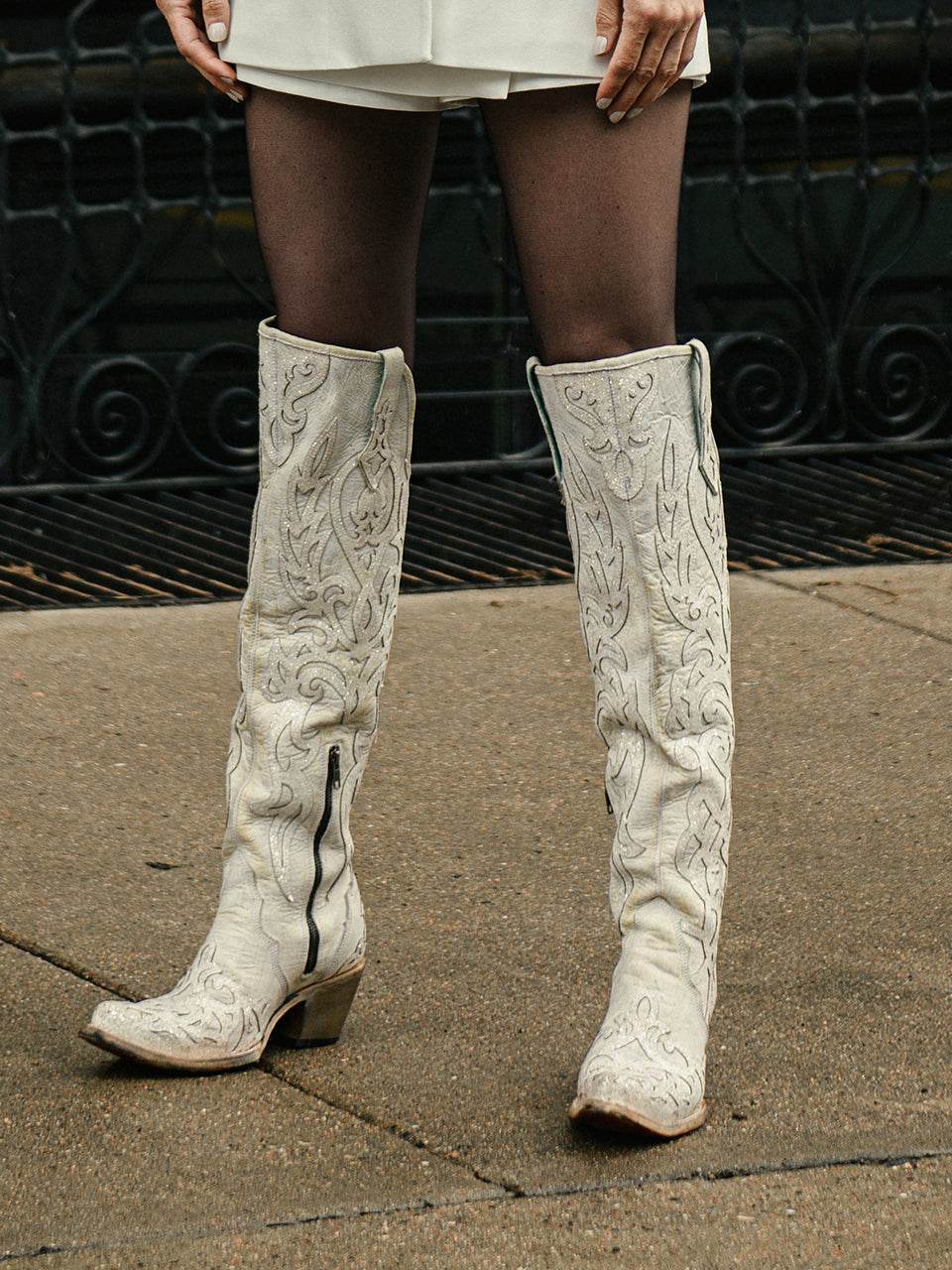 Women's Corral Beige Genuine Leather Boots with Glitter Overlay & Embroidery Tall Top