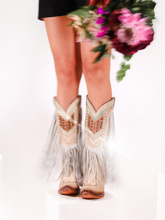 Women's Corral Bone Genuine Leather Boots with Zwarovsky Pattern & Fringes