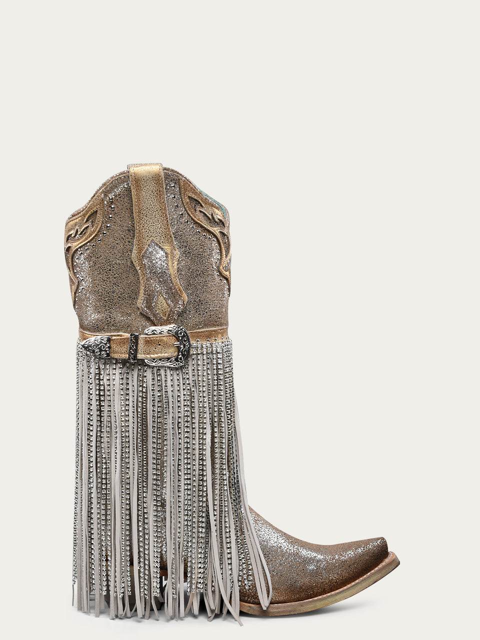 Women's Corral Silver Genuine Leather Boots with Gold Metallized Leather & Harness & Studs & Fringes & Overlay & Crystals