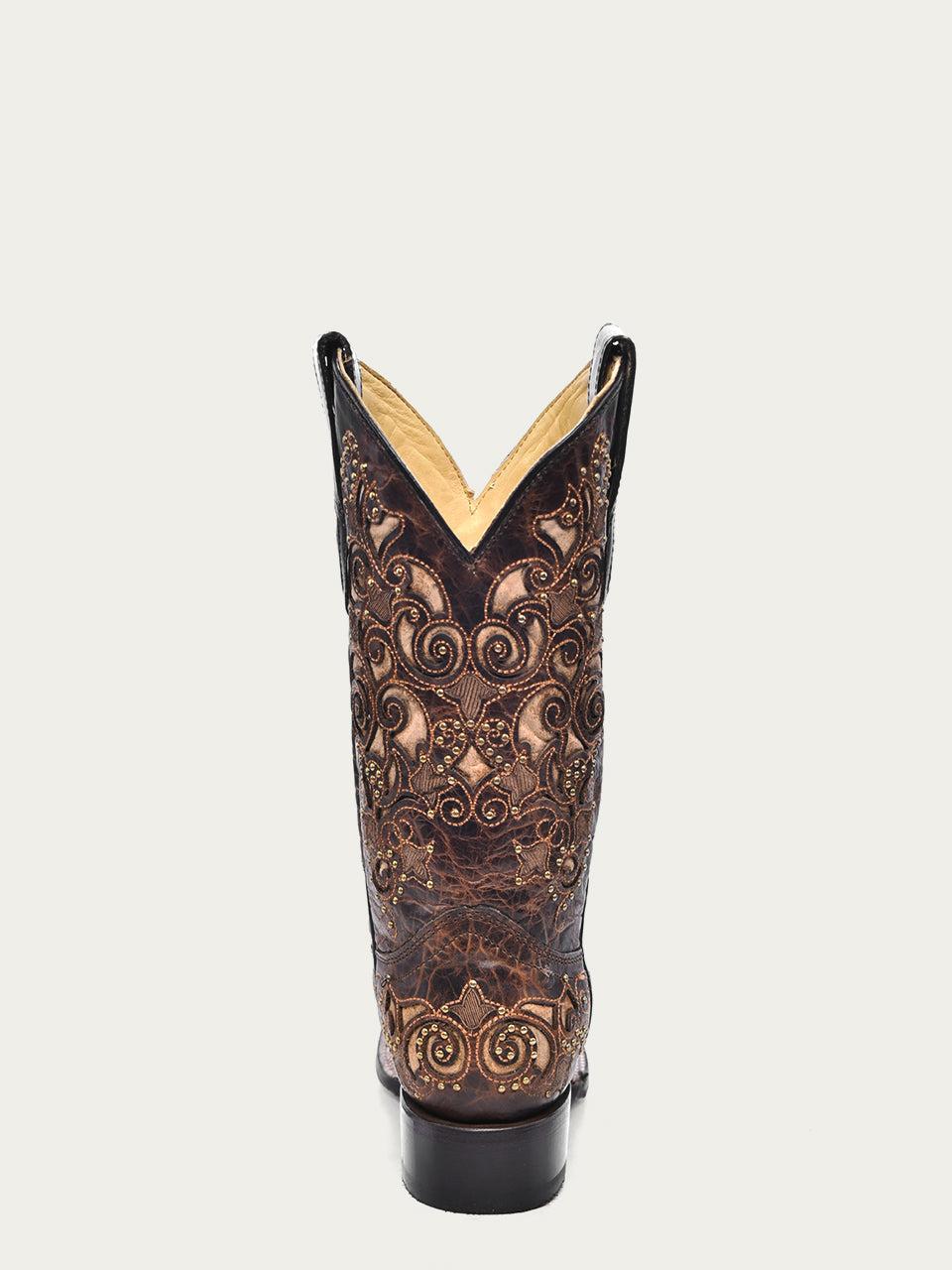 Women's Corral Brown Genuine Leather Boots with Inlay & Studs & Embroidery