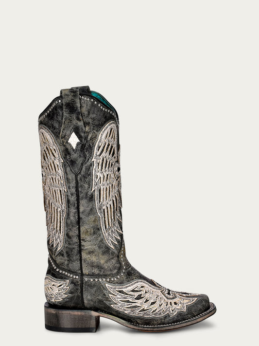 Women's Corral Black Genuine Leather Boots with Cross & Wings Overlay & Embroidery & Studs