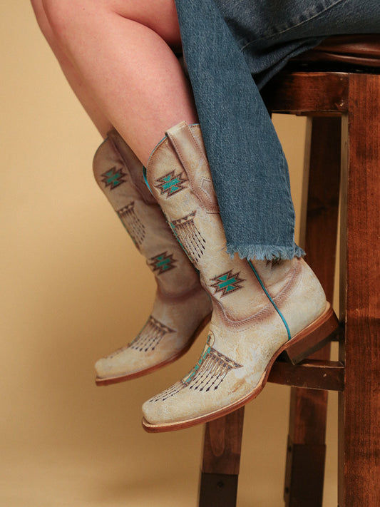 Women's Corral White Genuine Leather Boots with Turquoise Embroidery